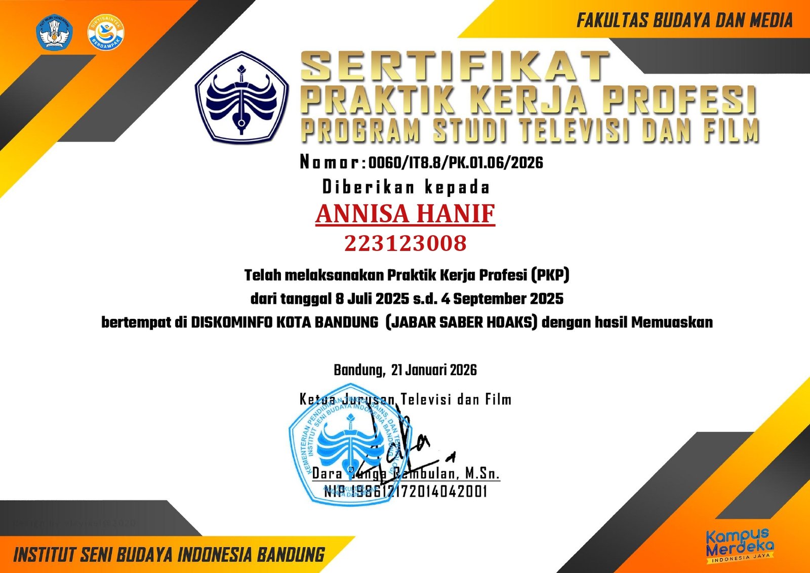 Sertifikat Praktik Kerja Profesi (PKP) — Program Studi Televisi dan Film