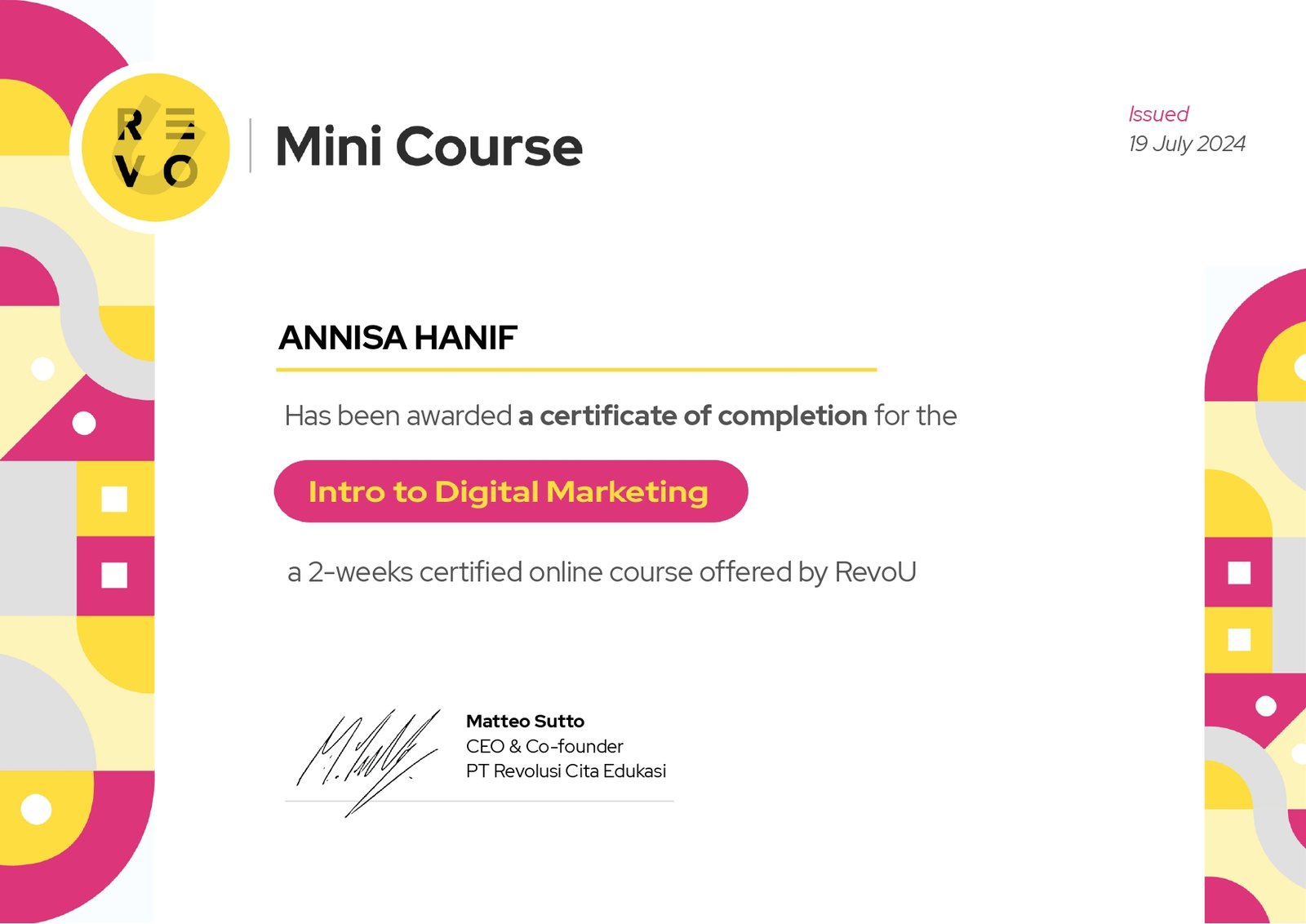 Certificate of Completion — Intro to Digital Marketing